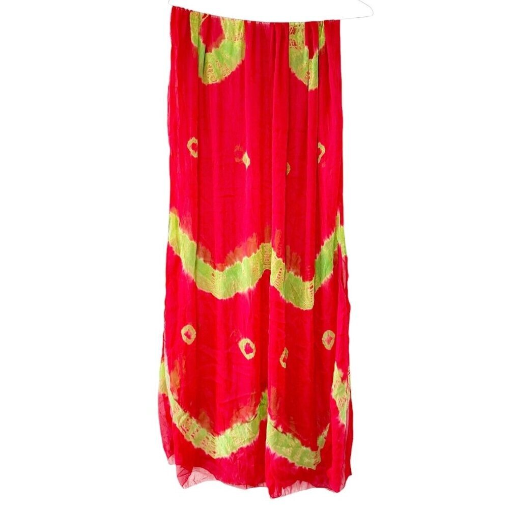 RaJ Red Green Sheer Silk‎ Tie Dye Rectangle Scarf Statement Scarf Lagenlook